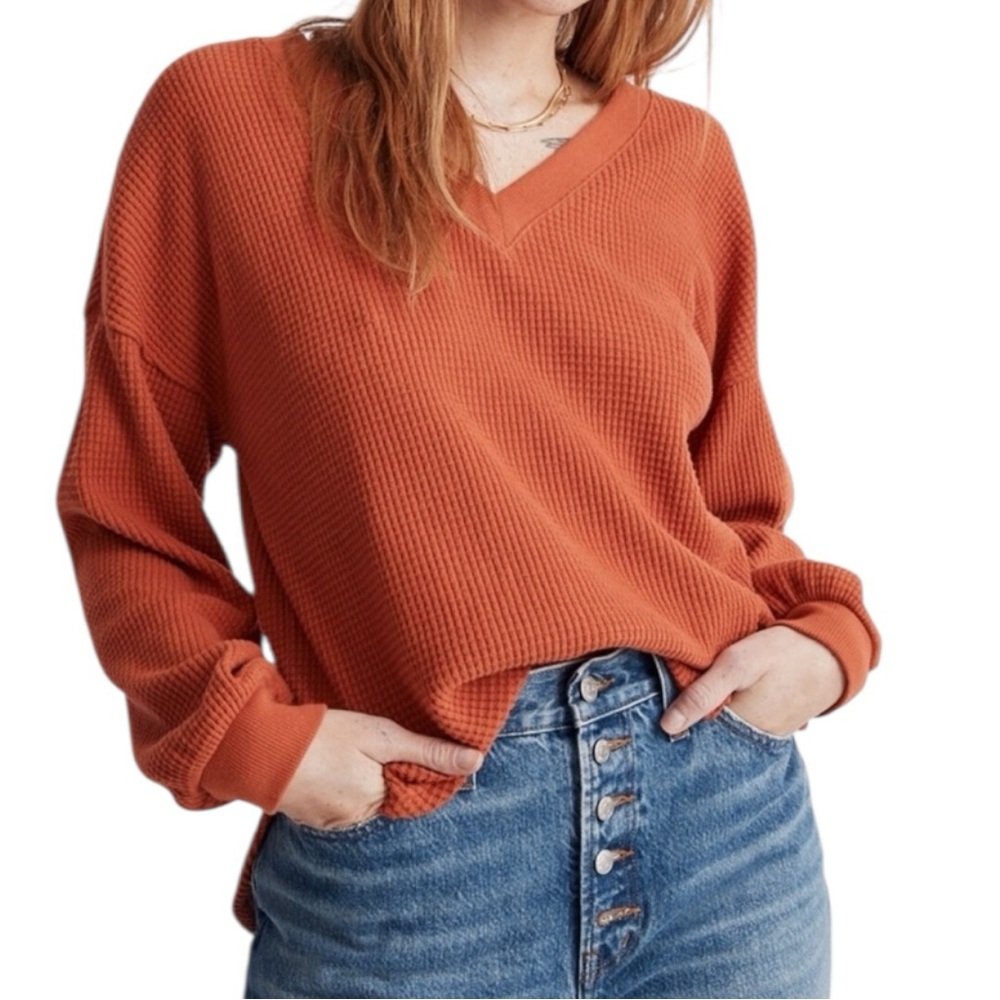 Madewell Women's Long Sleeve V-Neck Waffle Knit Sweater Sz L - Picture 1 of 8